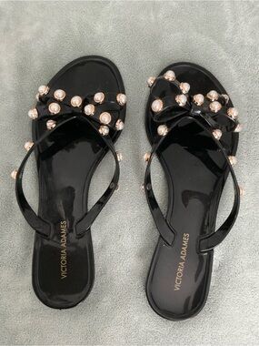 Victoria Adames Black Pearl-Accent Bow Sandals